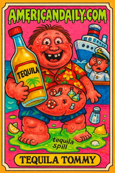 A grotesque cruise passenger with a giant tequila bottle, sunburned skin, and a bursting belly on a tilting cruise deck, surrounded by tequila spills.