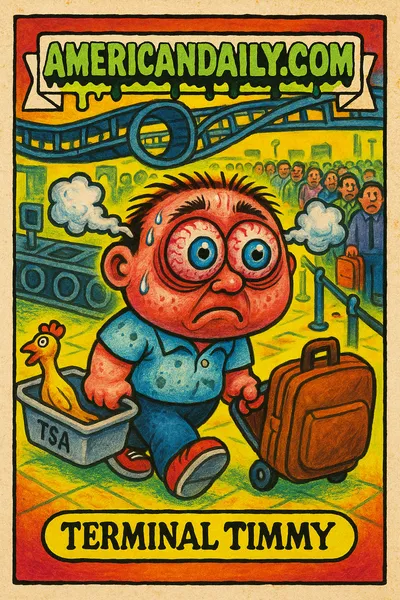 Illustration of 'Terminal Timmy', a grotesque traveler stuck in an endless TSA line with exaggerated features and comical airport chaos around.