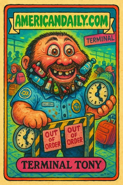 A grotesque TSA agent, Terminal Tony, stands at a chaotic airport with exaggerated features and a broken clock at his side. Long lines of confused passengers extend in the background.