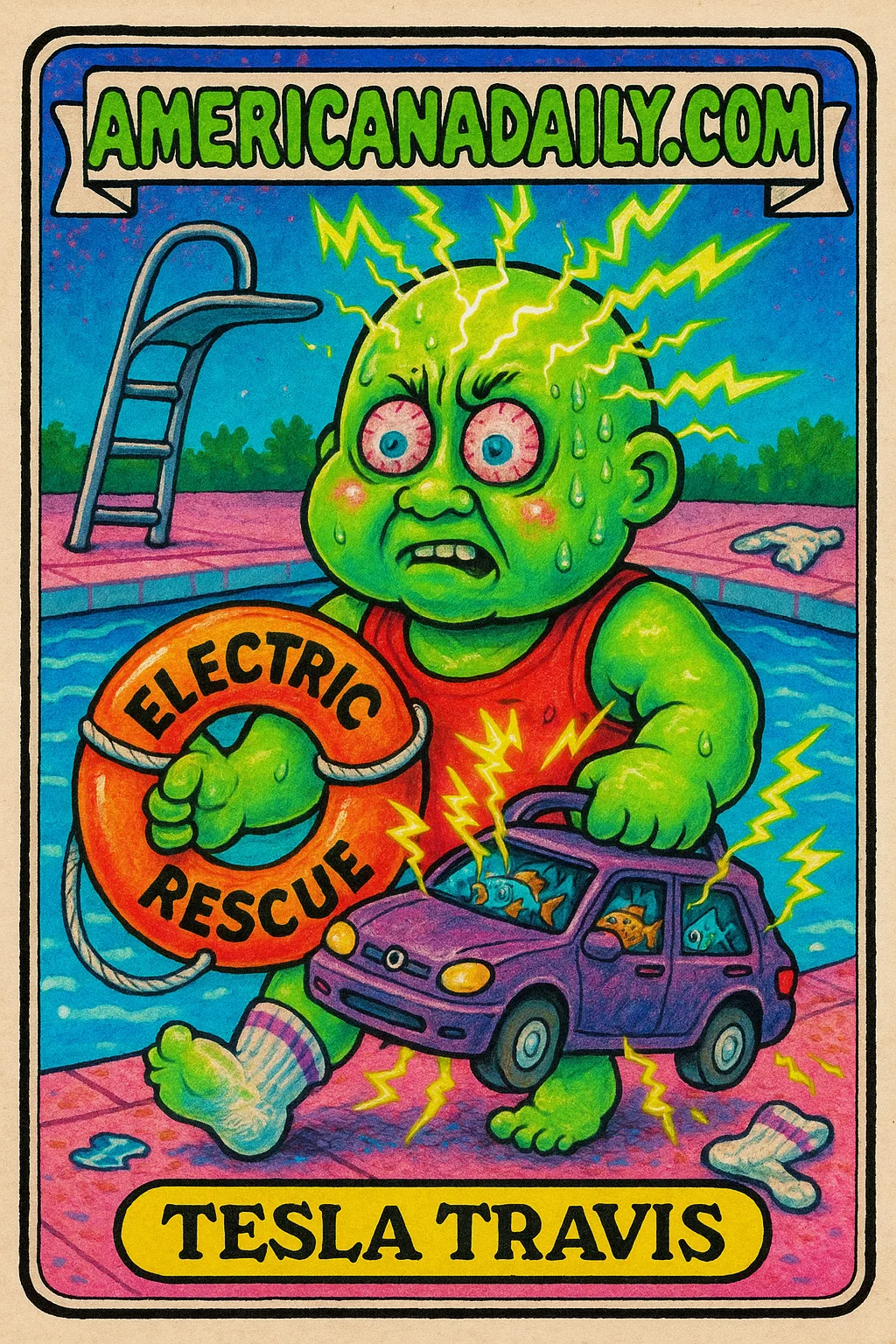 A satirical trading card depicting a lifeguard, 'Tesla Travis', saving a submerged Tesla from a pool, with exaggerated and grotesque features.