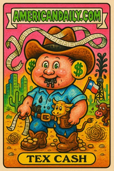 A grotesque Texas figure with a huge cowboy hat, ticker-tape lasso, and oil-stained shirt dwarfed by Wall Street symbolism.