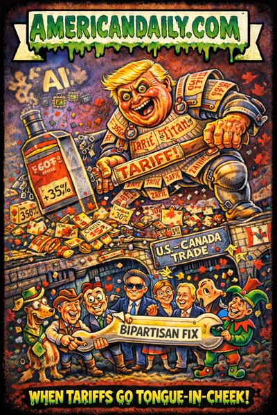 Cartoon parody card showing Trump as a tariff-smashing giant atop a broken U.S.-Canada trade bridge, six renegade House Republicans holding a bipartisan wrench, and Canadian Mounties tossing maple leaf confetti.