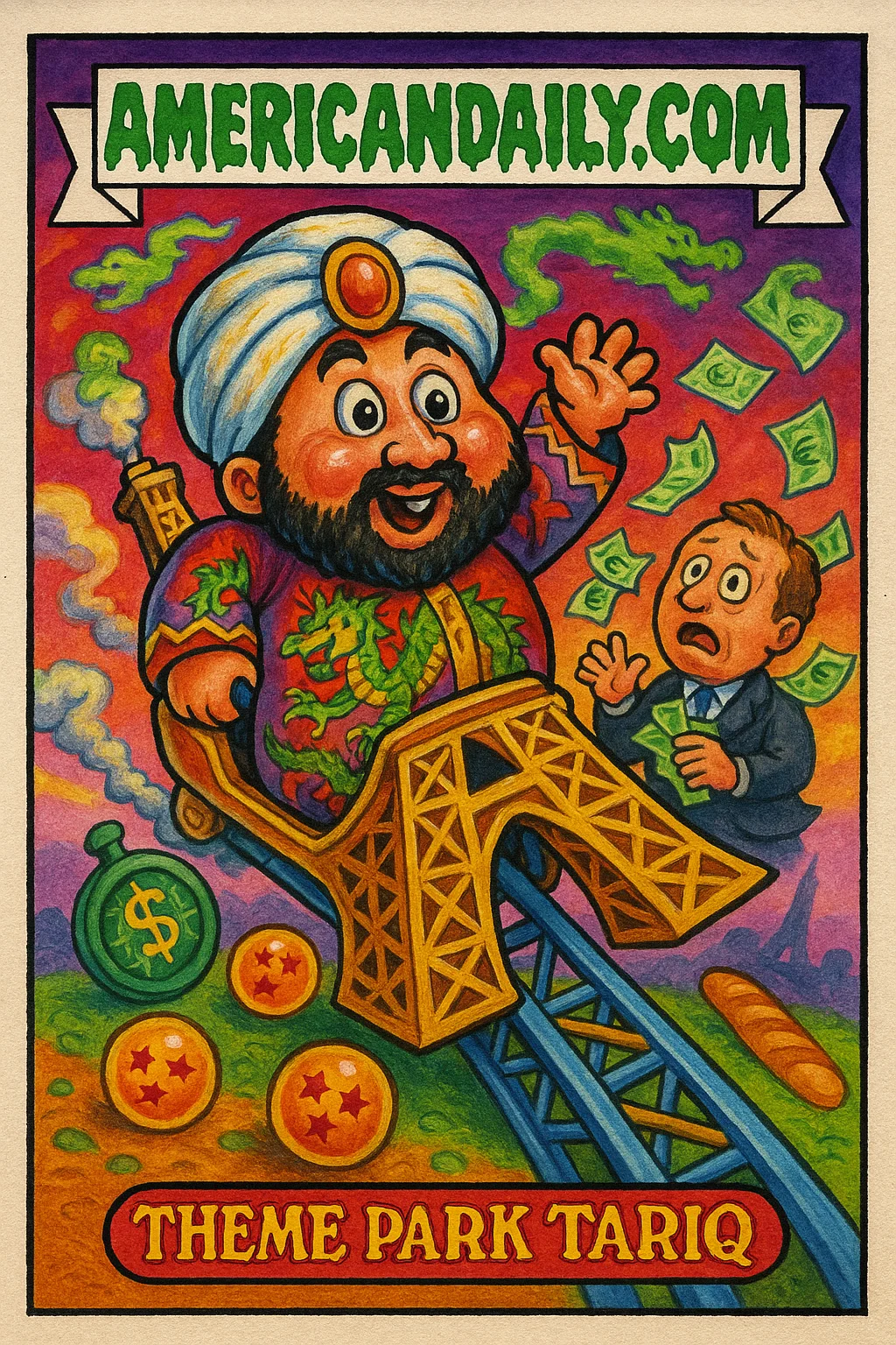Grotesque Sheikh in dragon robe on Eiffel coaster, swirling euros and Dragon Balls in chaotic fusion of cultures.