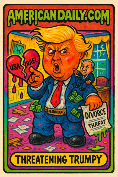 A grotesque caricature of Trump with exaggerated features, holding a broken heart labeled 'USA' and 'Israel', as a tiny Netanyahu puppet perches on his shoulder.