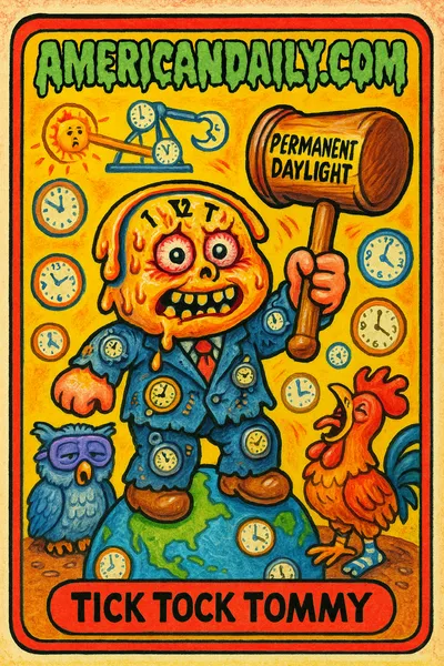 A grotesque, clock-headed character named 'Tick Tock Tommy' stands atop a spinning globe surrounded by clocks, holding a gavel marked 'Permanent Daylight'.