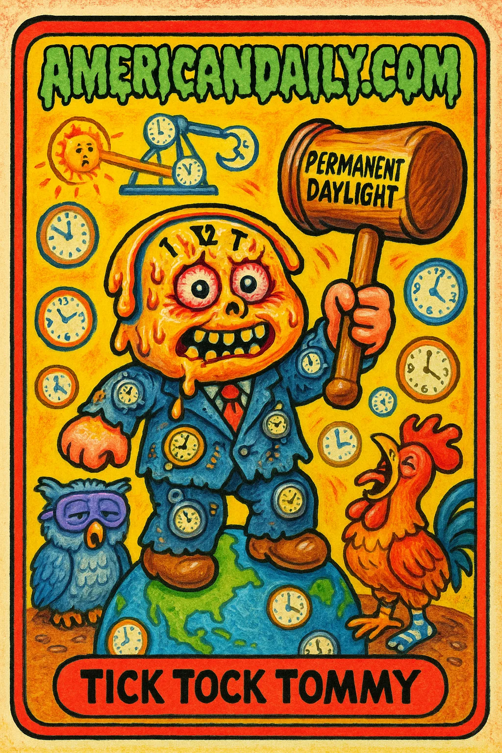 A grotesque, clock-headed character named 'Tick Tock Tommy' stands atop a spinning globe surrounded by clocks, holding a gavel marked 'Permanent Daylight'.