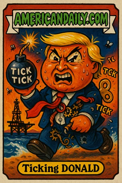 A grotesque, exaggerated caricature of Trump named Ticking Donald holds a bomb with a lit fuse. He sports clock-like eyebrows and a wind-up key.