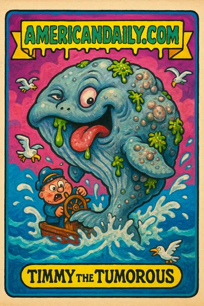 A grotesque whale with barnacles and a captain on a sinking barge, parody of whale rescue.