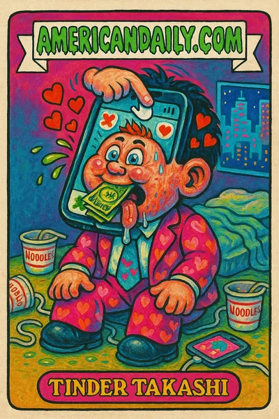 Grotesque trading card depicting Tinder Takashi with a smartphone head, yen-stuffed mouth, in a cluttered room. Satirical representation of Japan's Tinder payment initiative.