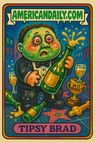 Tipsy Brad, a grotesque parody of Brad Pitt, with a bloated green head, sloppily dressed, holding a broken champagne bottle, distorted Hollywood background.