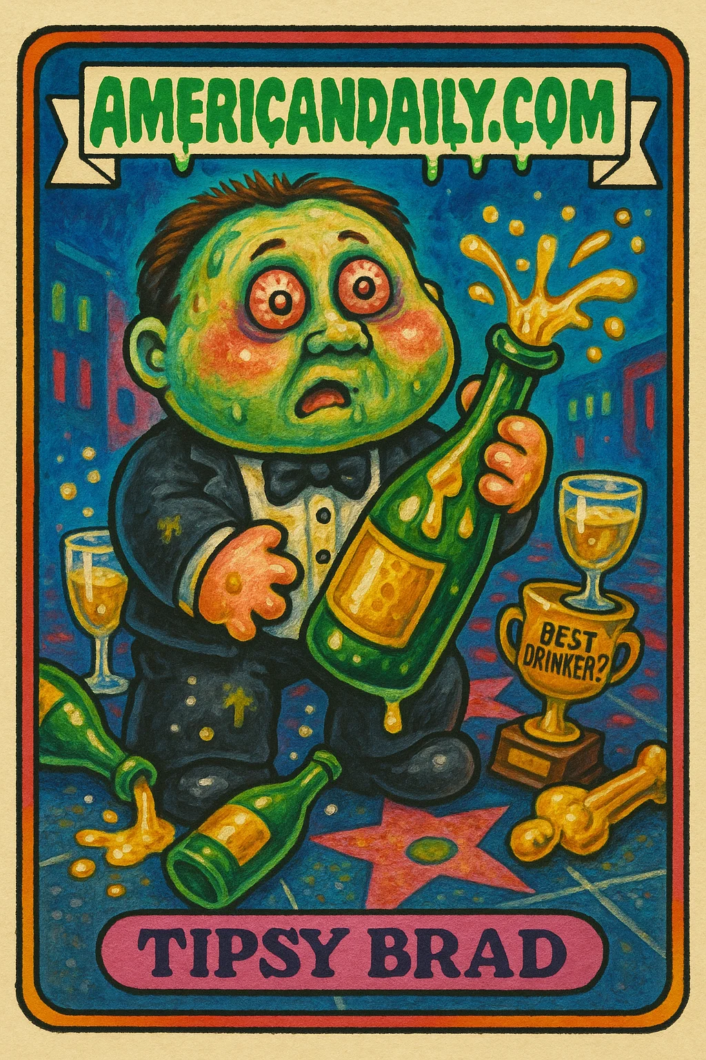 Tipsy Brad, a grotesque parody of Brad Pitt, with a bloated green head, sloppily dressed, holding a broken champagne bottle, distorted Hollywood background.
