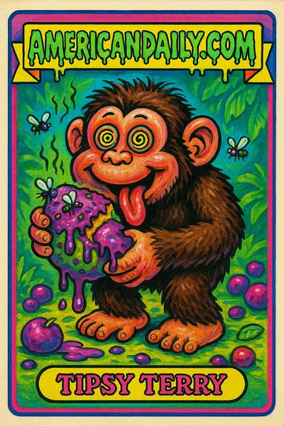 A comically oversized chimp, 'Tipsy Terry', with spiraling eyes and matted fur, holds an oozing fermented fruit amid a vibrant jungle, embodying a drunken yet humorous scene.