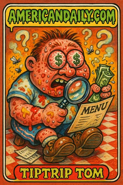Garbage Pail Kids-style card featuring 'Tiptrip Tom': a bewildered, grotesque soccer fan overwhelmed by tipping options, wearing a messy jersey.