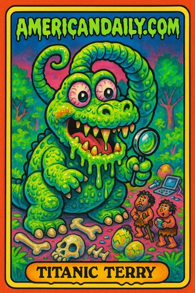 A satirical trading card illustrating 'Titanic Terry,' an exaggerated dinosaur with a coiled neck towering over a Thai forest, with neon colors and grotesque features.