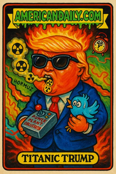 A grotesquely exaggerated Trump with flaming hair and nuclear smoke spewing mouth, clutching a 'Power Plant Obliterator' remote and Twitter bird.