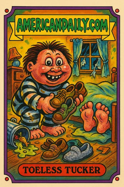 A grotesque trading card depicting 'Toeless Tucker,' a toe-sucking intruder in a messy crime scene, in the style of Garbage Pail Kids.