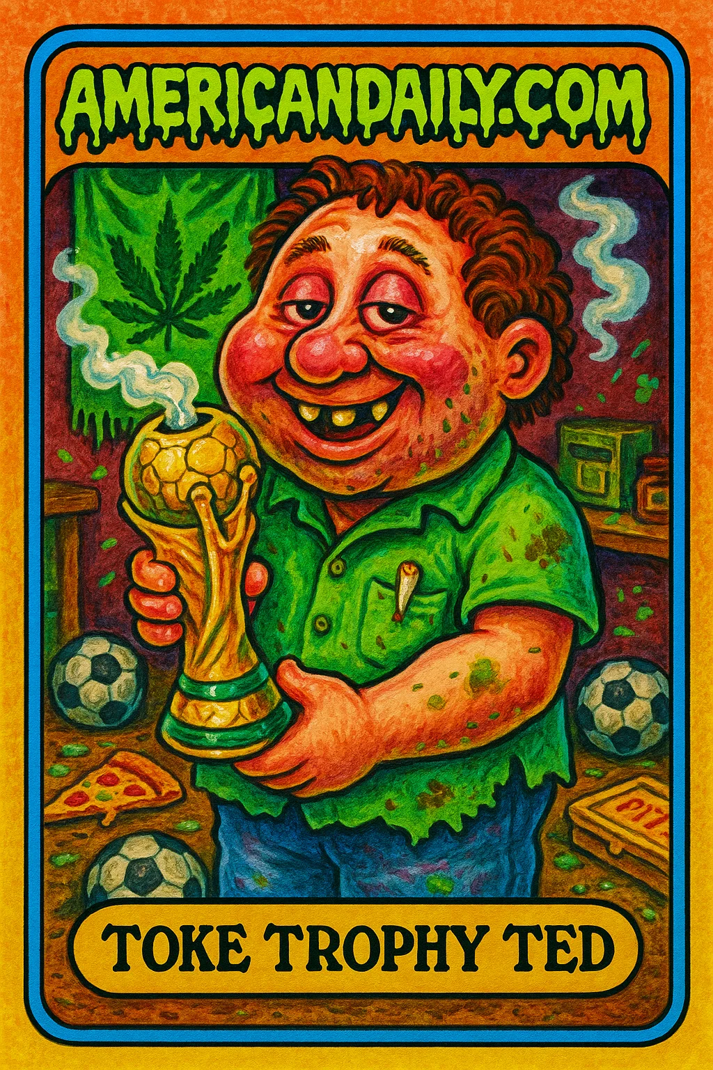 A grotesque pot shop clerk with a bong resembling the World Cup trophy, amidst a chaotic backdrop of cluttered soccer balls and smoke.