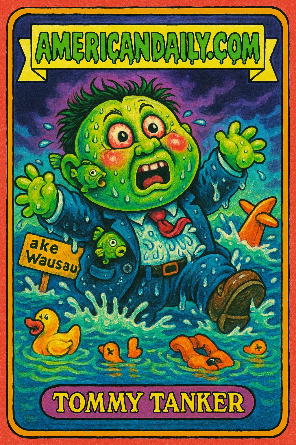 A grotesque Tommy Tanker thrashing in a cartoon lake after an emergency plane landing, wearing a soaked suit with fish in his pockets and a rubber duck plane tail.