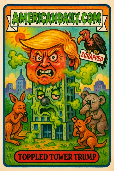 Cartoonish trading card of a Trump-headed skyscraper with spewing green gas, surrounded by Australian animals and a 'SCRAPPED' sign.