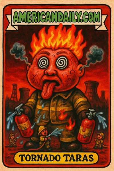 A grotesque cartoon character, Tornado Taras, with fire tornado hair and cracked skin, in a burning scene with frightened firemen and Chernobyl background.