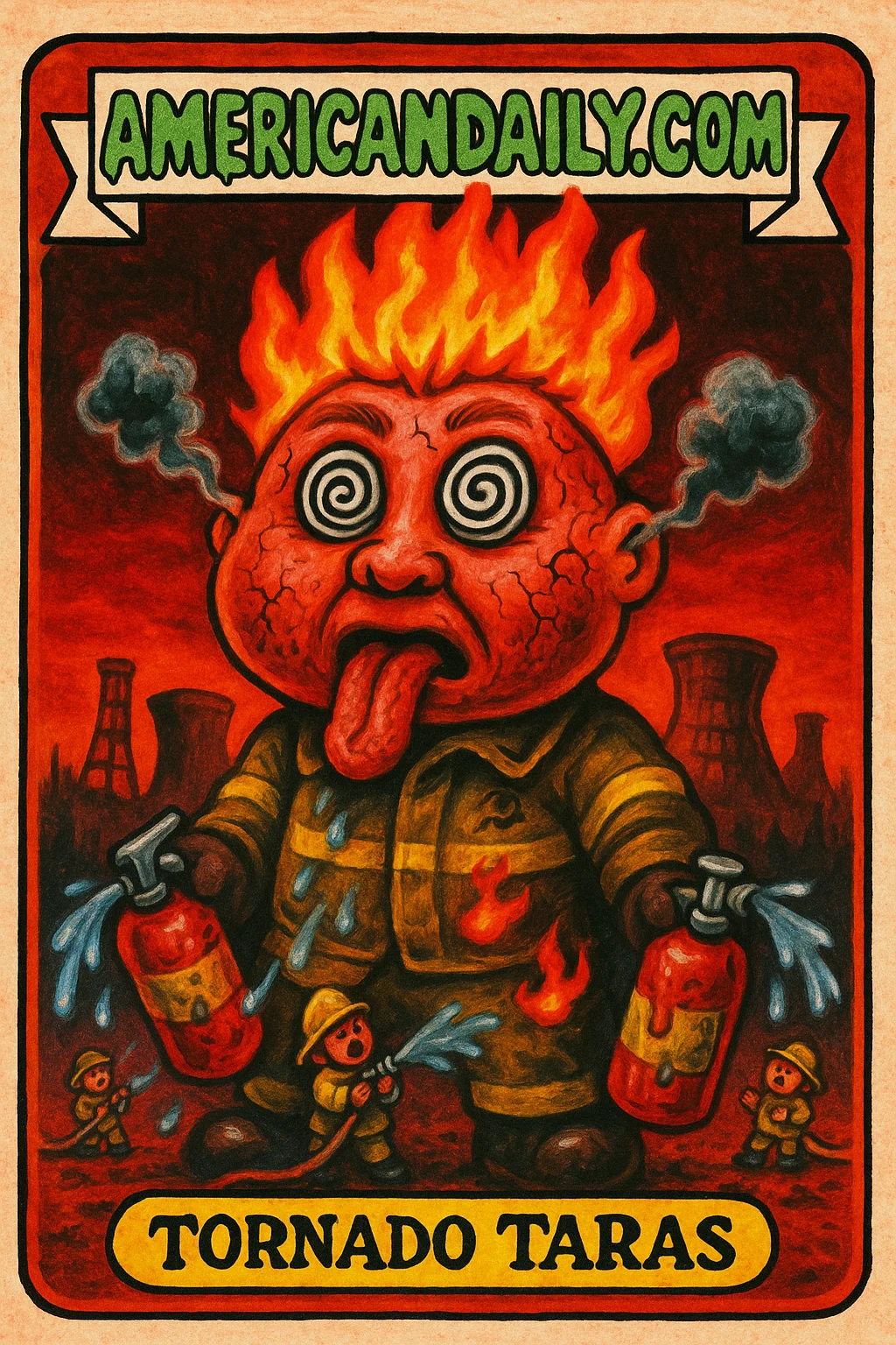 A grotesque cartoon character, Tornado Taras, with fire tornado hair and cracked skin, in a burning scene with frightened firemen and Chernobyl background.
