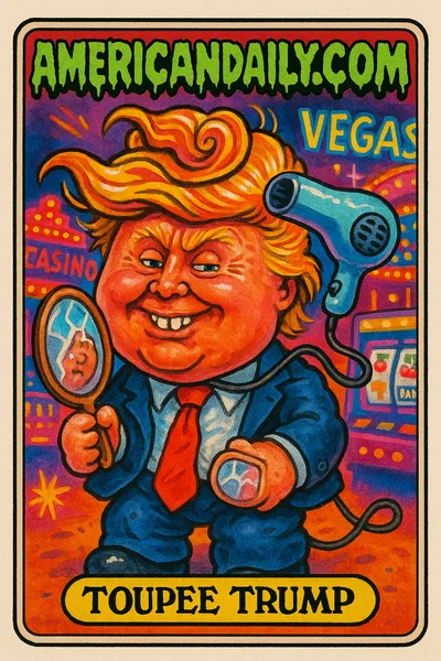 A grotesque Trump with a bizarre toupee of animal fur, depicted in a Vegas casino setting with neon lights and a chaotic look.