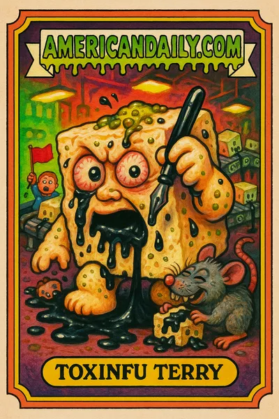 A grotesque tofu cartoon with ink oozing and exaggerated features, depicting a satirical take on a major recall due to contamination.