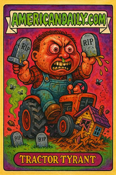 A grotesque man on a tractor demolishing a house, gripping a tombstone with urine spray, surrounded by debris and gravestones.