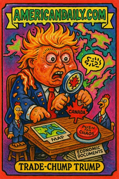 Grotesque caricature of Donald Trump with oversized head, orange hair, bulging eyes, at a messy negotiation table with absurd props like a rubber chicken and sticky maple syrup.