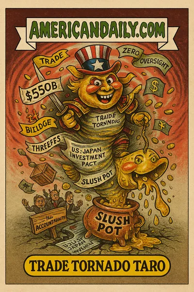Parody trading card showing a tornado made of money and contracts labeled "$550B Pledge," "Tariff Threats," and "Zero Oversight" spinning over a trade map. A samurai-hat banker mask floats in its center. Coins and papers swirl into a bubbling "Slush Pot" cauldron. Top banner reads "AMERICANDAILY.COM," bottom caption "TRADE TORNADO TARO."