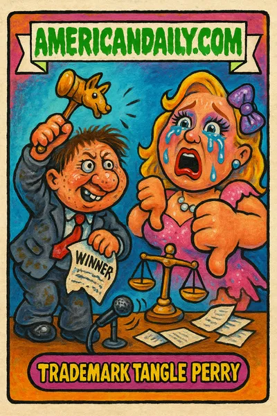 A grotesque trading card depicting a legal battle between a scruffy lawyer and a shocked pop star, with exaggerated features and courtroom clutter.