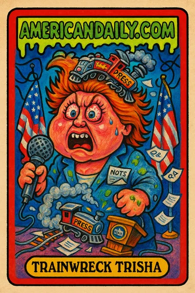 A grotesque cartoon of 'Trainwreck Trisha', a frazzled press secretary with derailed train hair and a chaotic briefing room scene.