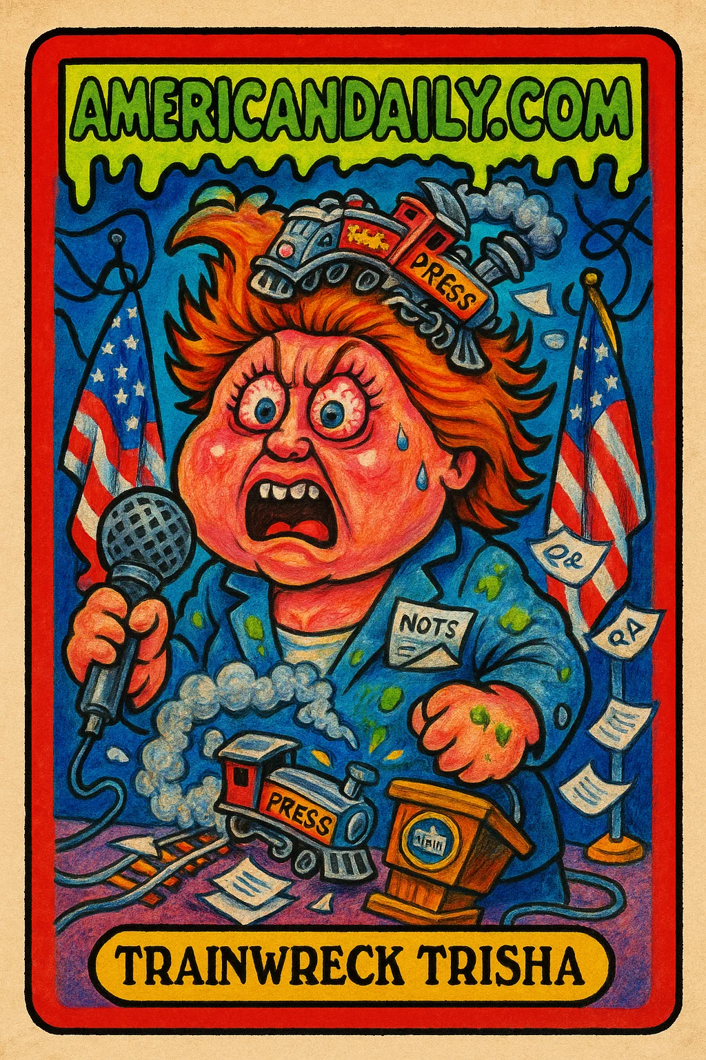 A grotesque cartoon of 'Trainwreck Trisha', a frazzled press secretary with derailed train hair and a chaotic briefing room scene.