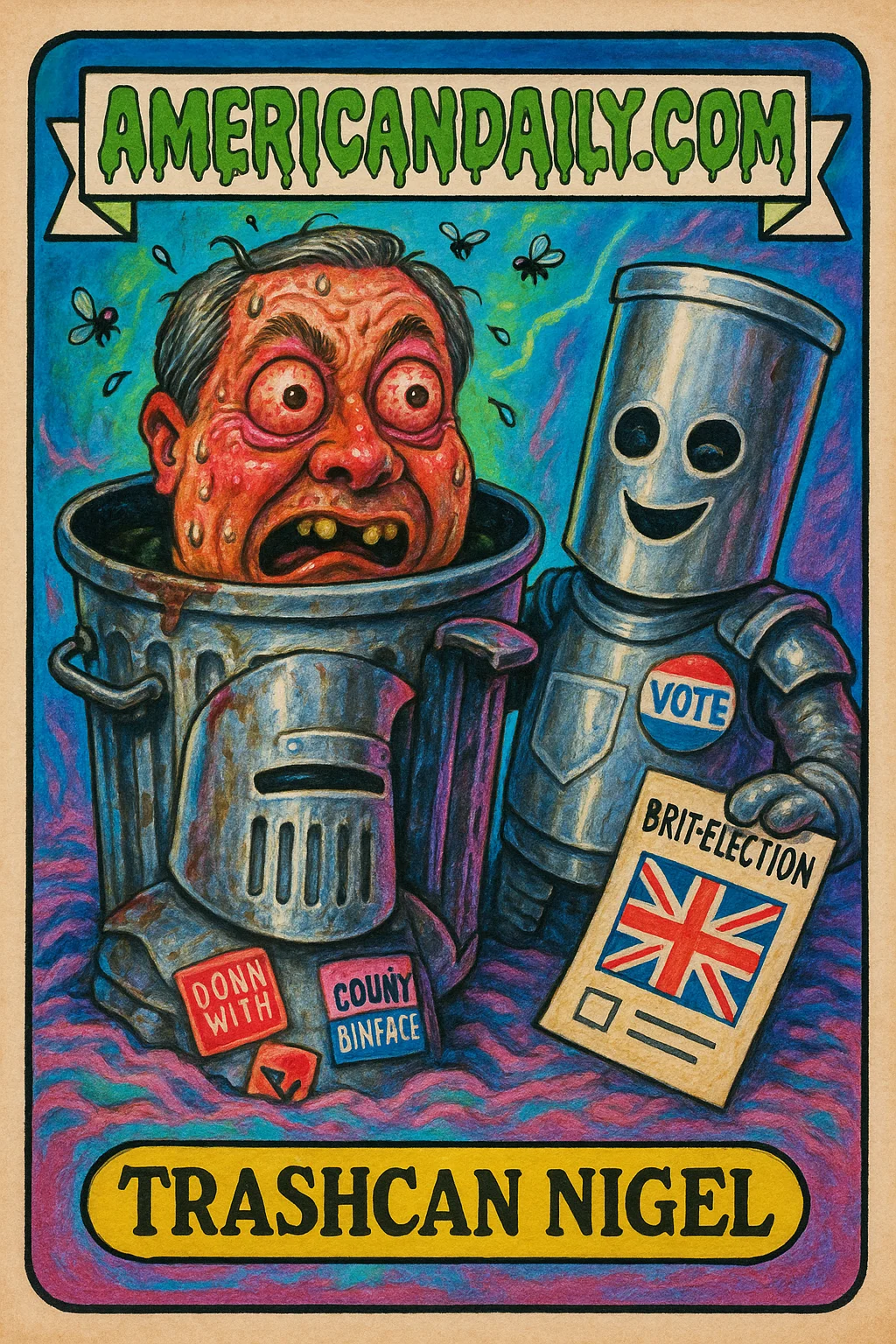 Cartoon card depicting a grotesque caricature of Nigel Farage stuck in a trash can, sweating with Count Binface victorious nearby, all in a cartoonishly exaggerated style.