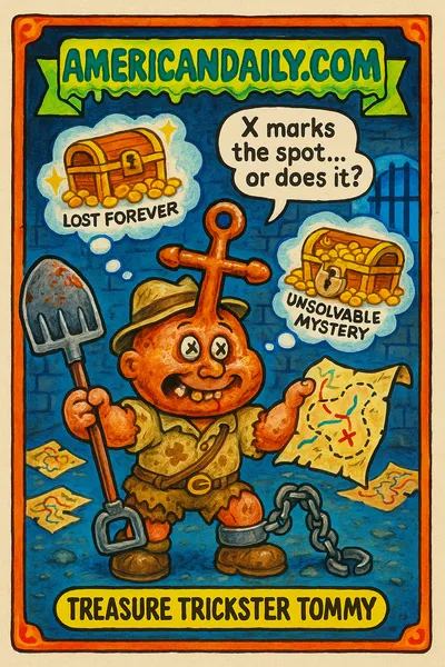 A grotesquely exaggerated treasure hunter, 'Treasure Trickster Tommy', with crossed eyes and a gold tooth. He's escaping prison with a bar shovel, seeking absurd treasure with oversized gold coins.