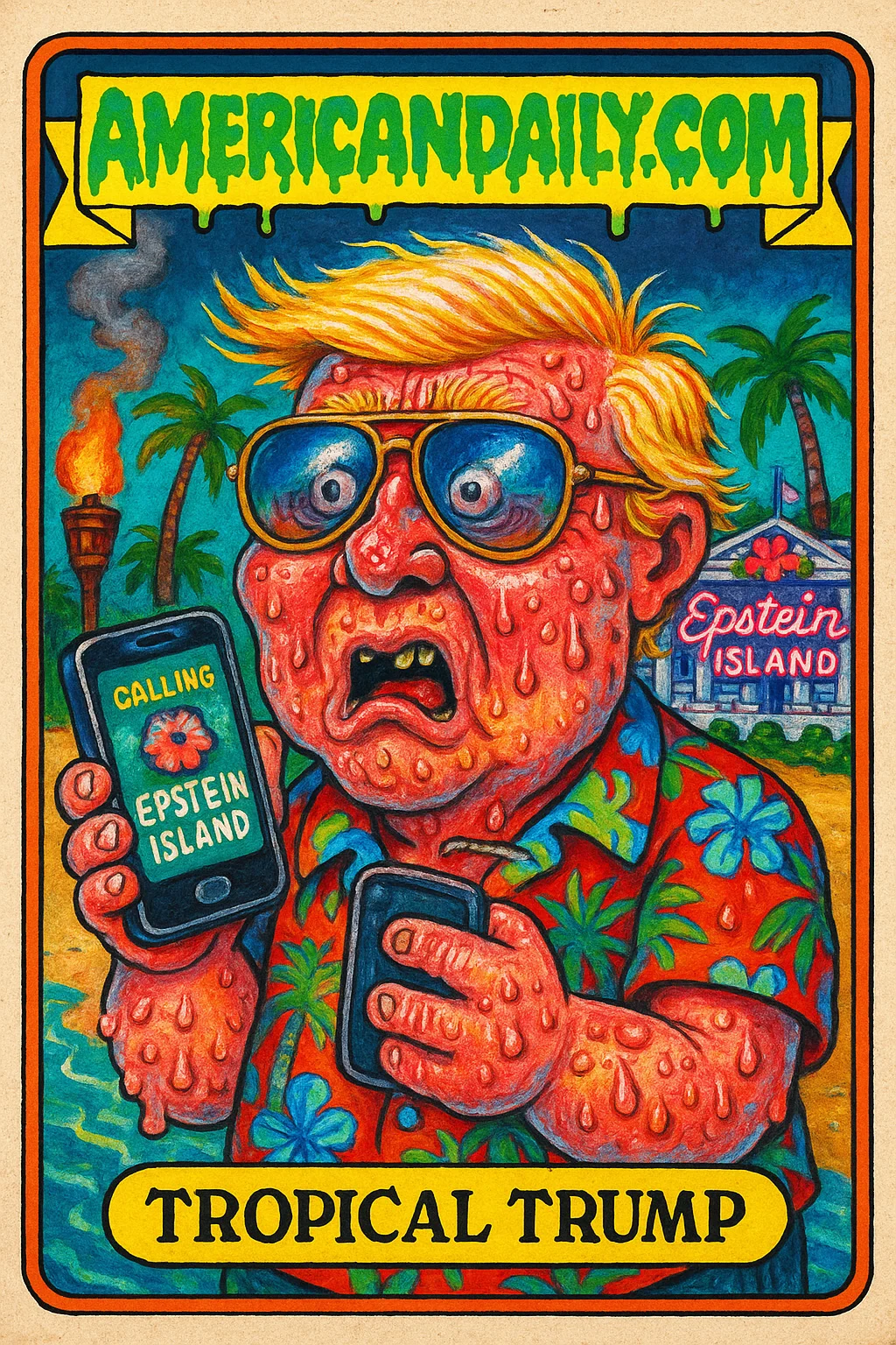 A satirical card showing the White House disguised as a sleazy tropical island with a confused president figure, humorously attired in tacky beachwear.