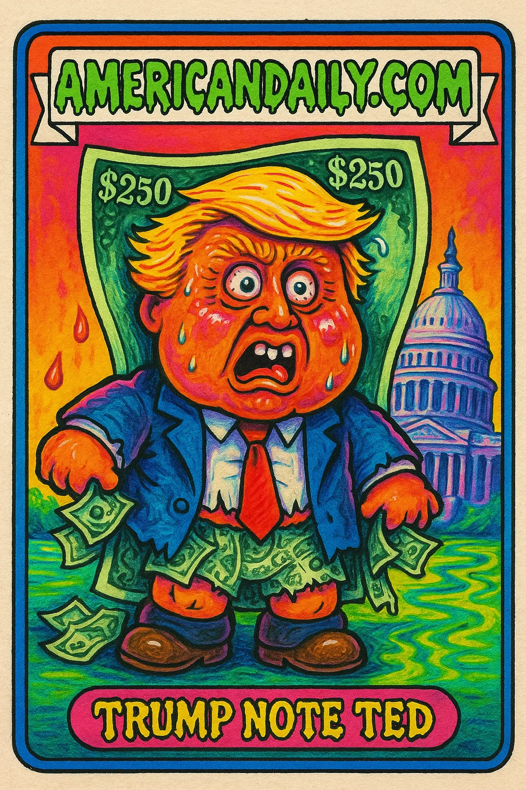 A caricature of Trump on a massive $250 bill, struggling under its weight, with a melting Capitol in the background.