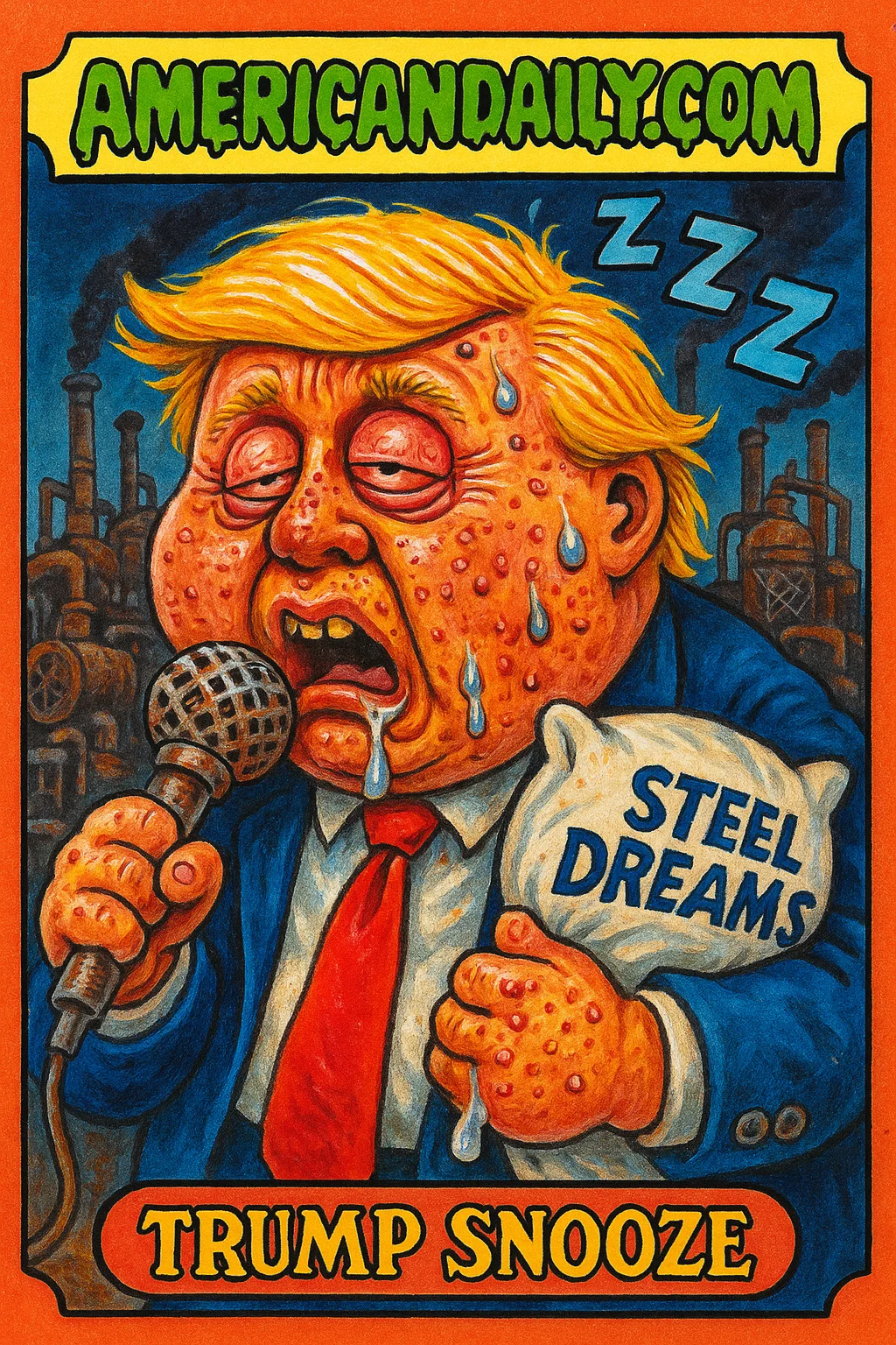 A grotesque caricature of Donald Trump sleeping at a podium with a steel girder as a mic, surrounded by cartoon steel plants and snooze imagery.