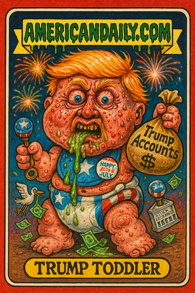 A grotesque caricature of Trump as a giant baby, complete with a heavy money bag labeled 'Trump Accounts', drooling slime, and dollar bills flying around.