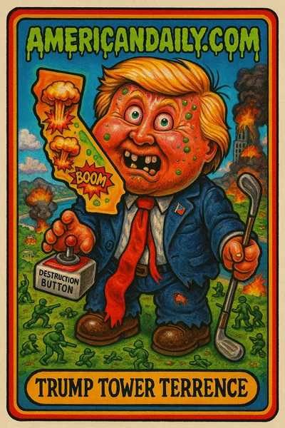 A grotesque caricature of Trump as 'Trump Tower Terrence', with a giant head, holding a map of California with cartoon explosions over L.A. and San Diego.