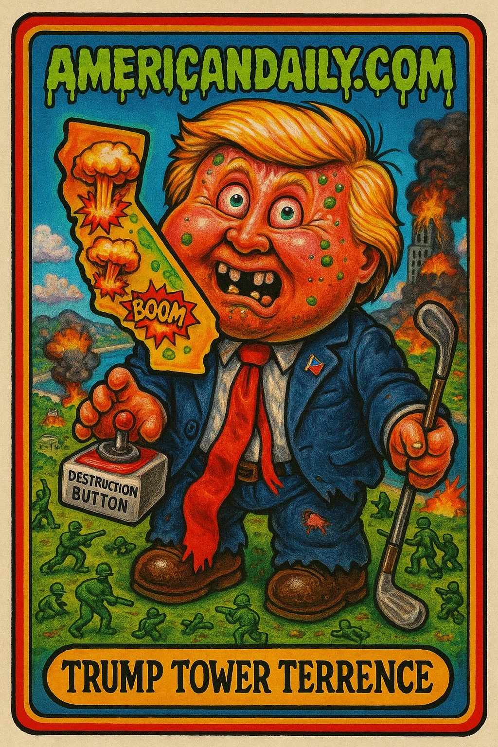 A grotesque caricature of Trump as 'Trump Tower Terrence', with a giant head, holding a map of California with cartoon explosions over L.A. and San Diego.