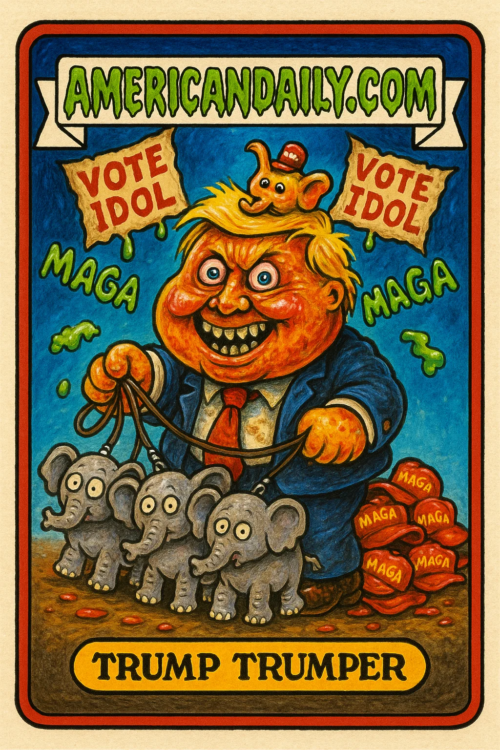 Trading card featuring a grotesque Trump caricature with an oversized head, clutching googly-eyed elephant leashes atop a heap of worn red hats.