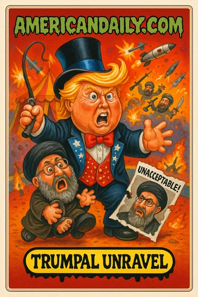 A satirical portrayal of Trump trying to dictate from afar with chaos in the background, lampooning his desire to influence Iran's leadership transition.