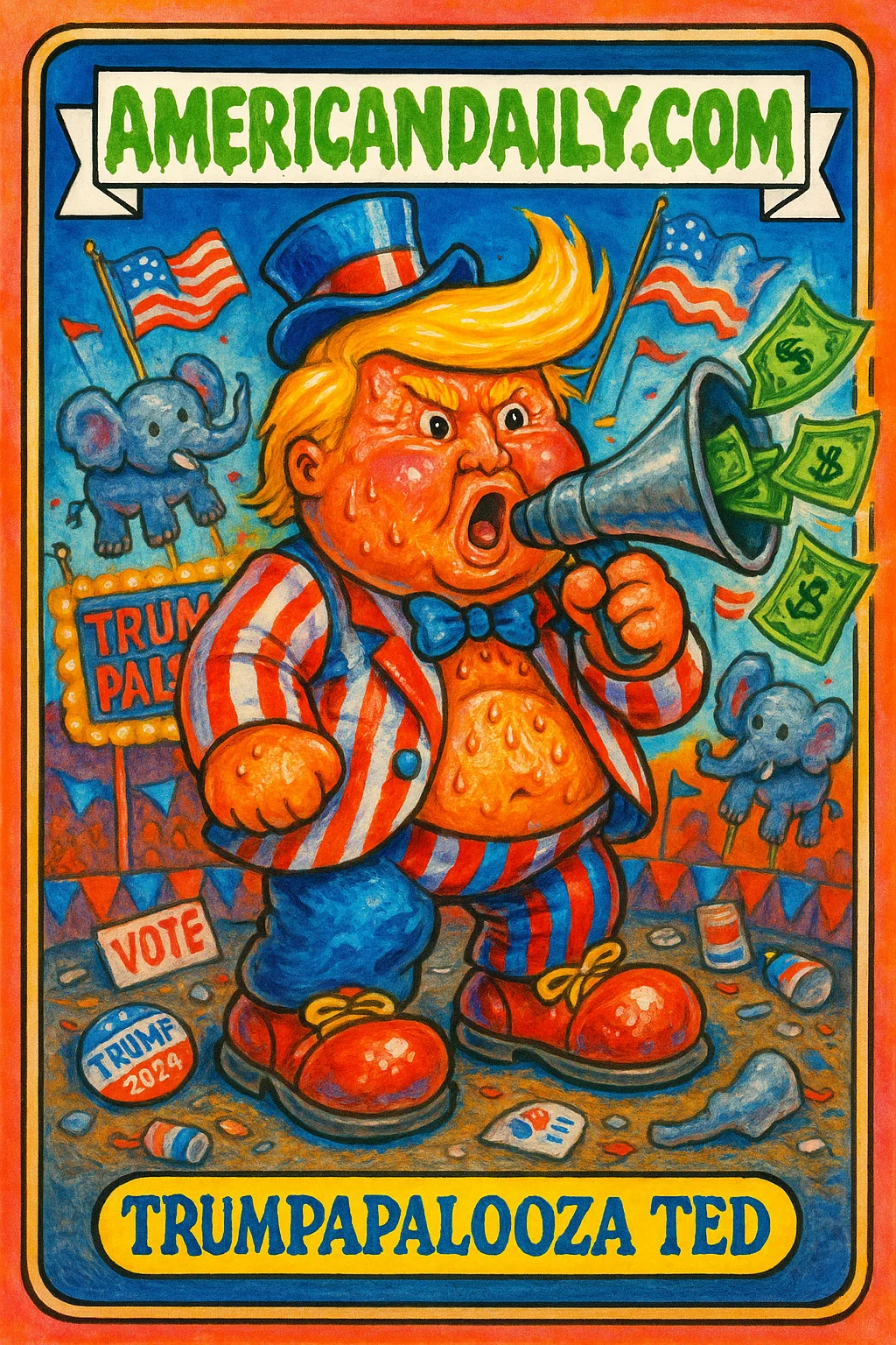 A grotesque carnival barker with an oversized Trump-like head, in a tight striped suit on a chaotic stage, surrounded by deflated elephant balloons and dollar spewing megaphone.