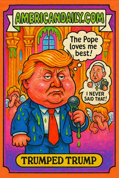 A trading card featuring an exaggerated caricature of Donald Trump misquoting the Pope, surrounded by bewildered angels and a confused small Pope figure.