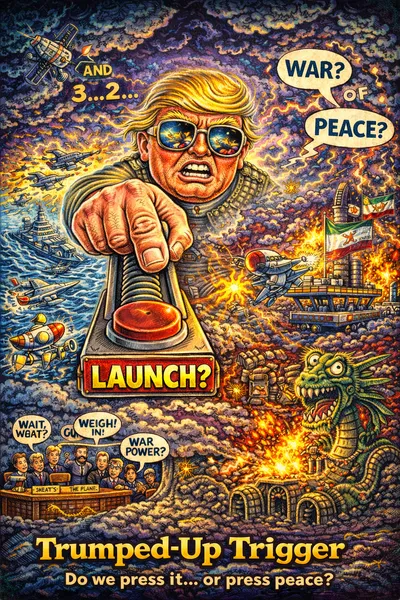Cartoon trading card of Trump as a huge military mousetrap figure about to press a red launch button, animated U.S. warships and jets facing a cartoon Iranian dragon, tiny Congress figures arguing off to the side, storm clouds with words like "diplomacy" and "escalation," satirical style.