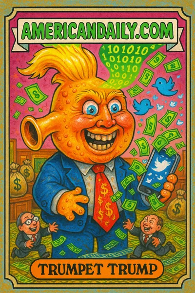 A grotesque caricature of Donald Trump with a trumpet-shaped head, spewing digital and dollar bills, surrounded by greedy bankers in a cluttered boardroom.