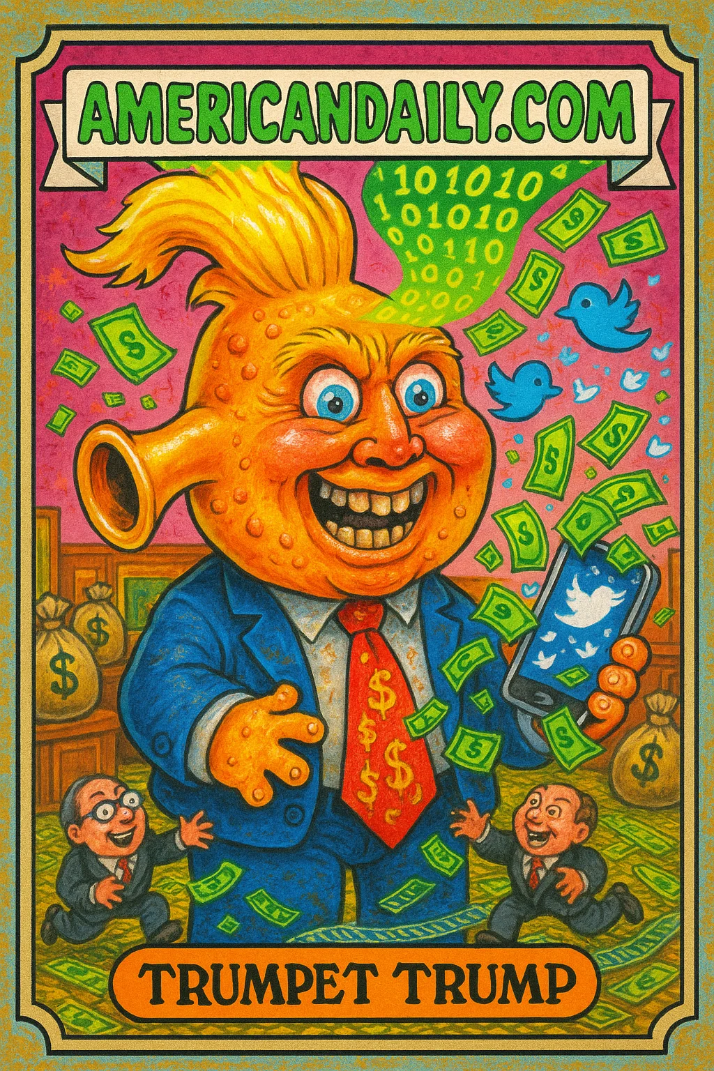 A grotesque caricature of Donald Trump with a trumpet-shaped head, spewing digital and dollar bills, surrounded by greedy bankers in a cluttered boardroom.