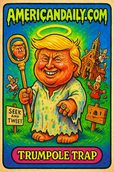 A grotesque caricature of Trump with exaggerated features, dressed in a stained robe, amidst a collapsing papal cathedral scene.