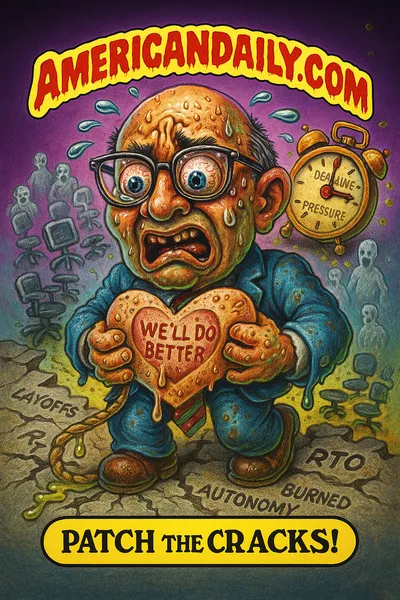Caricature of Nadella trembling over a cracked stage, heart bandaged 'We'll Do Better,' surrounded by broken chairs and screens, banner 'AMERICANDAILY.COM', caption 'Patch the Cracks!'